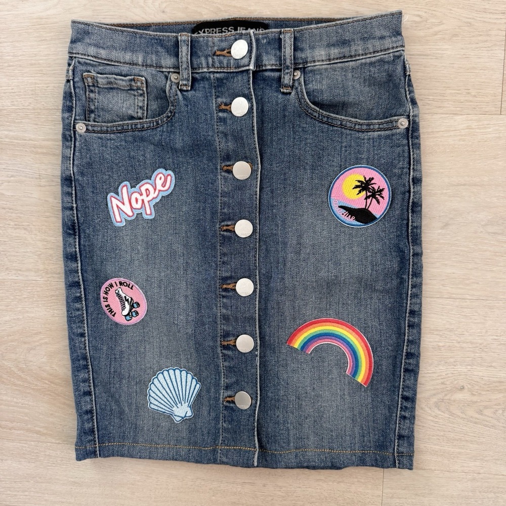 Express Jeans Patch Button Front Denim Skirt 00 Y… - image 1